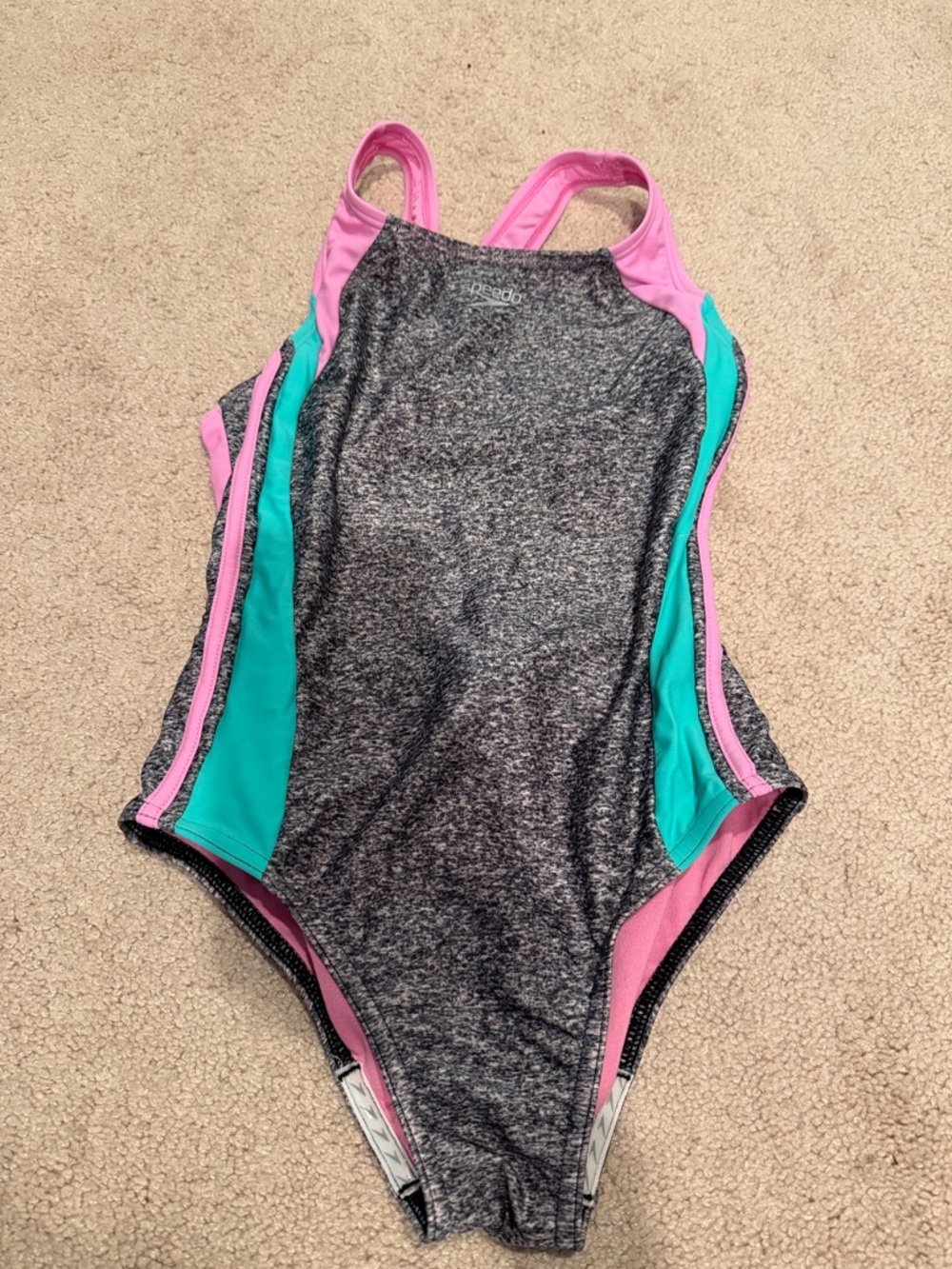 Speedo girls Heathered Gray One-Piece Swimsuit with Pink & Teal Accents sz 12